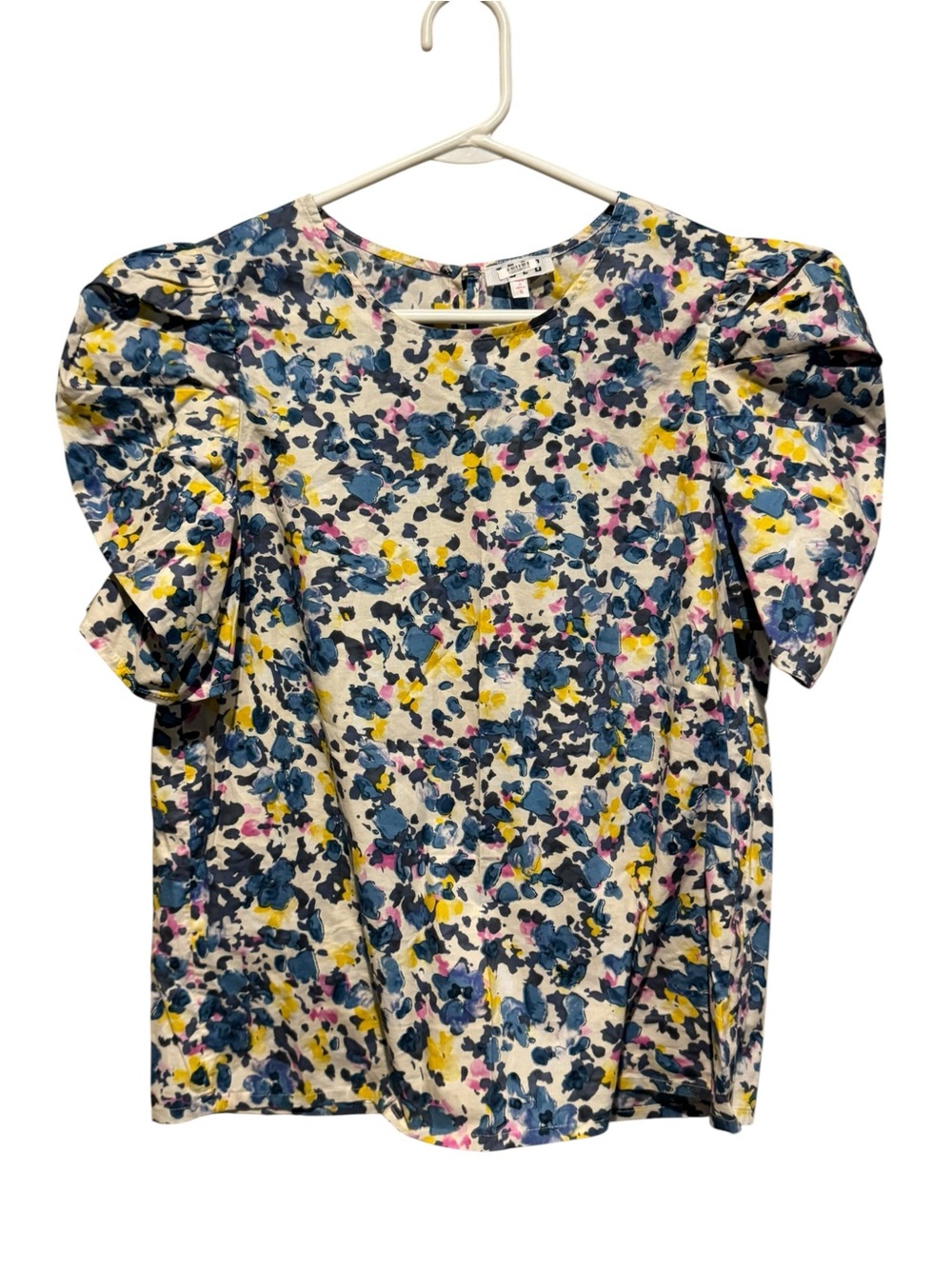 TCEC Puff-Sleeve Floral Blouse in Navy, Yellow & Pink